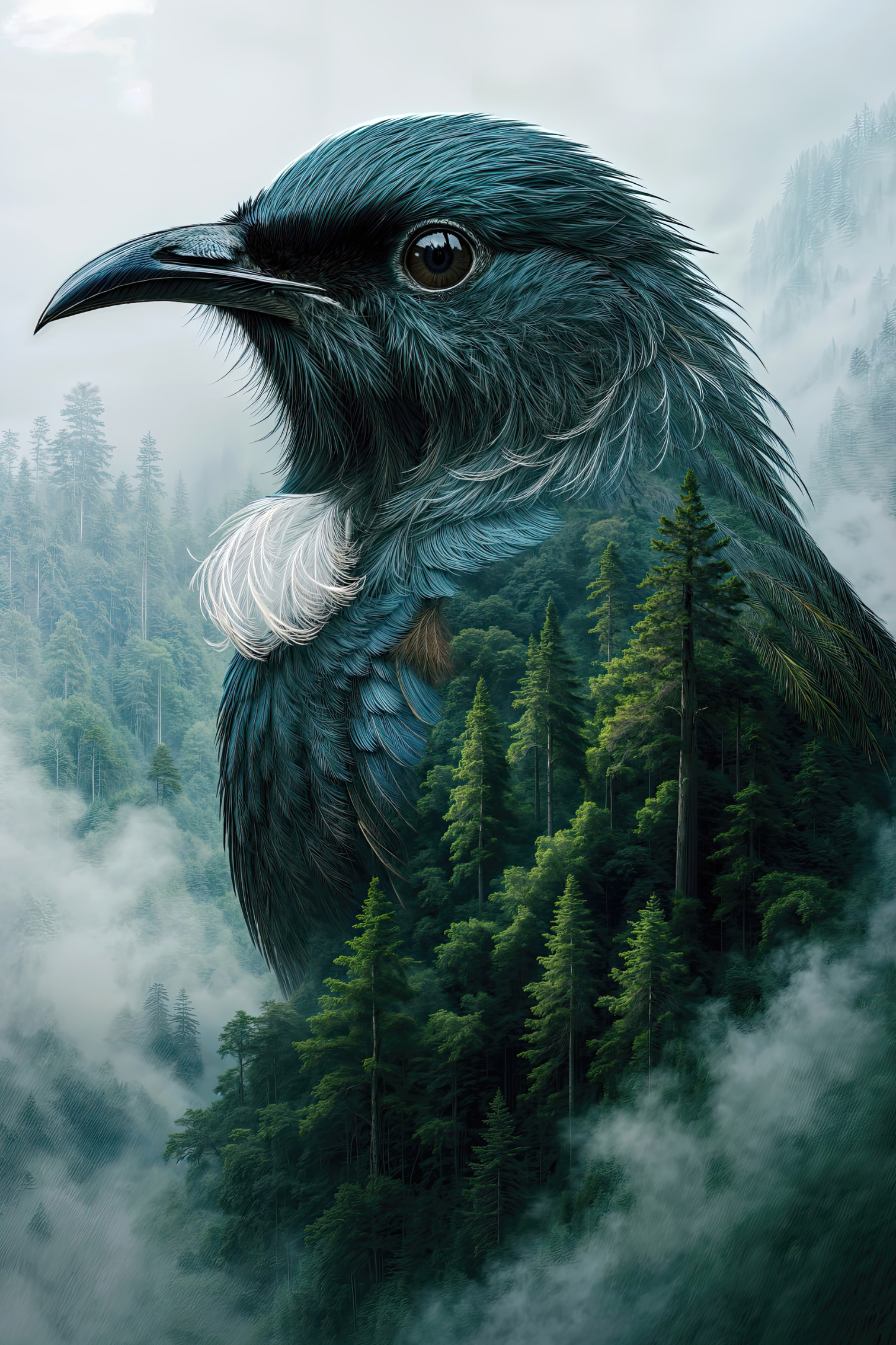 Double Exposure Misty Forest Tūī – New Zealand Nature CANVAS Print | CRE-eight