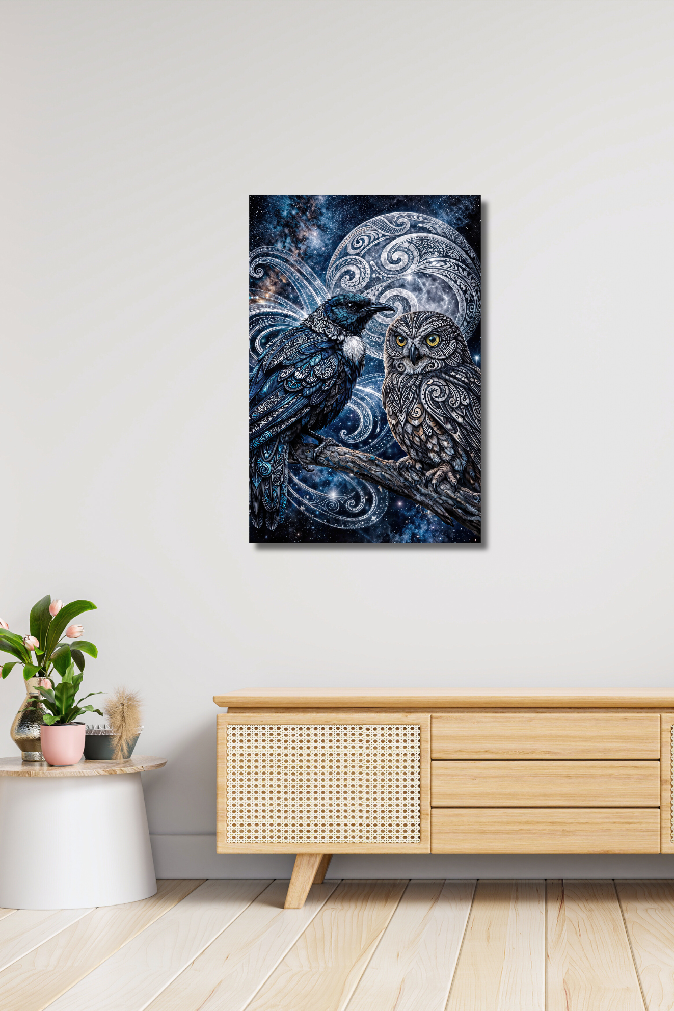Tūī and Owl Celestial Guardians – Double Exposure Nature CANVAS Print | Callum x CRE-eight