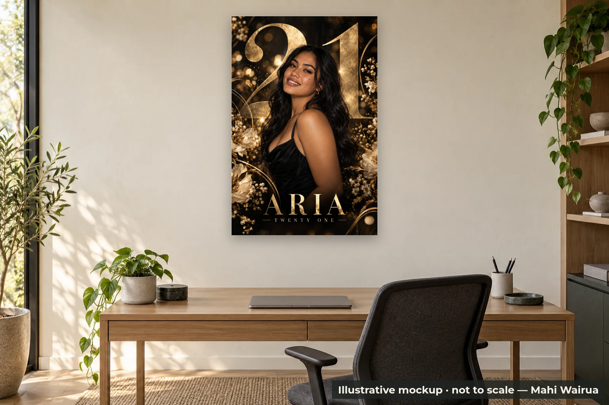 Personalised Birthday & 21st Metal Photo Print — office scene, illustrative mockup, not to scale, example personalised artwork