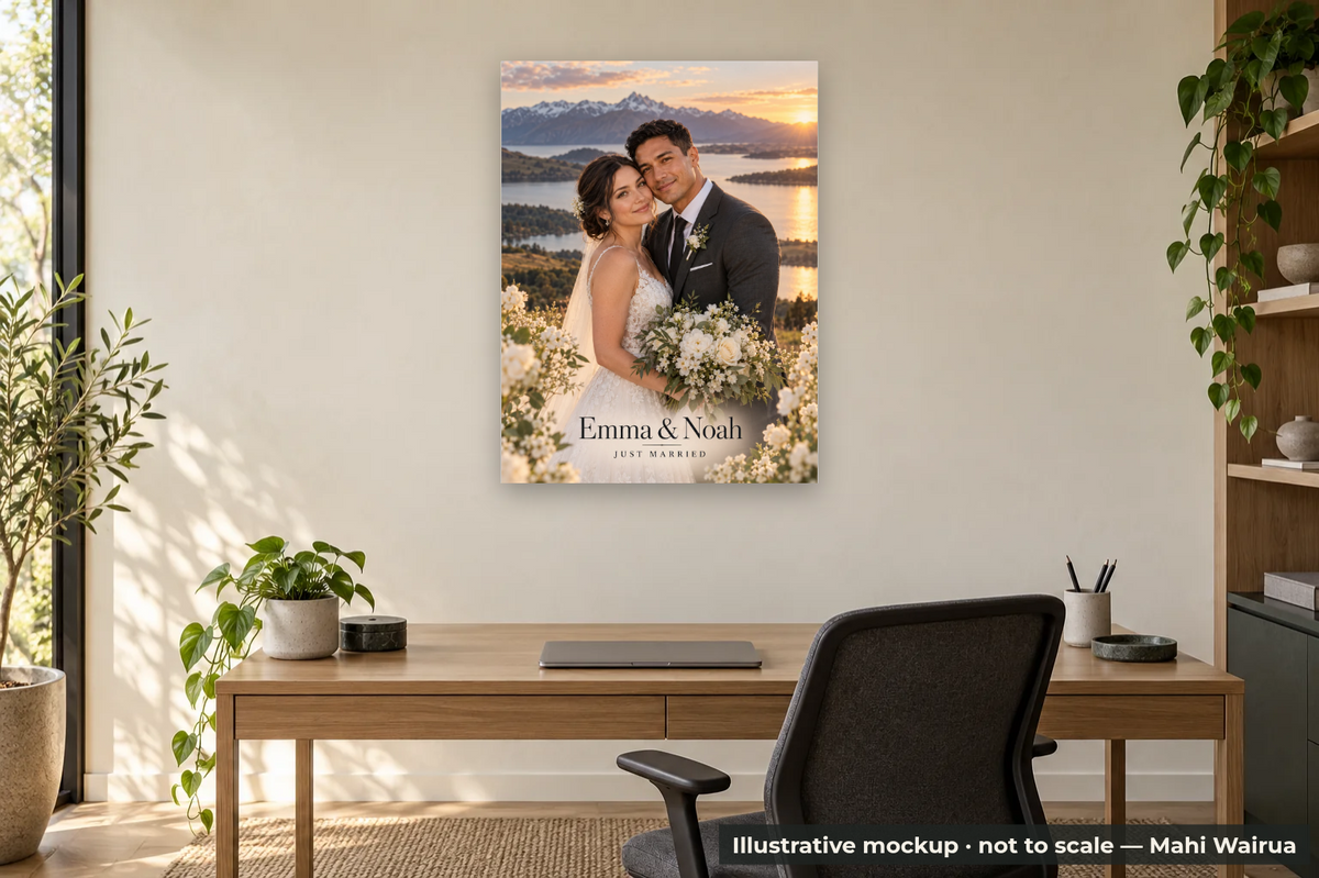 Personalised Wedding Photo Metal Print — office scene, illustrative mockup, not to scale, example personalised artwork