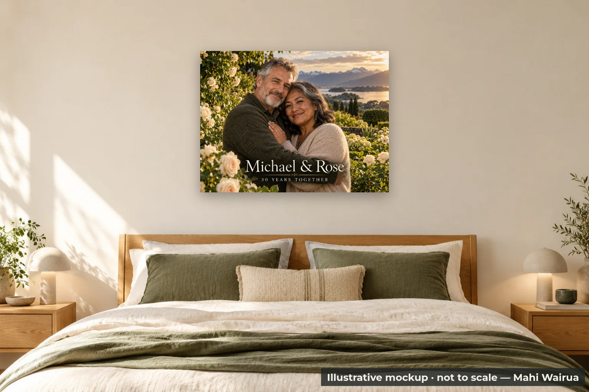 Personalised Anniversary Photo Metal Print — bedroom scene, illustrative mockup, not to scale, example personalised artwork