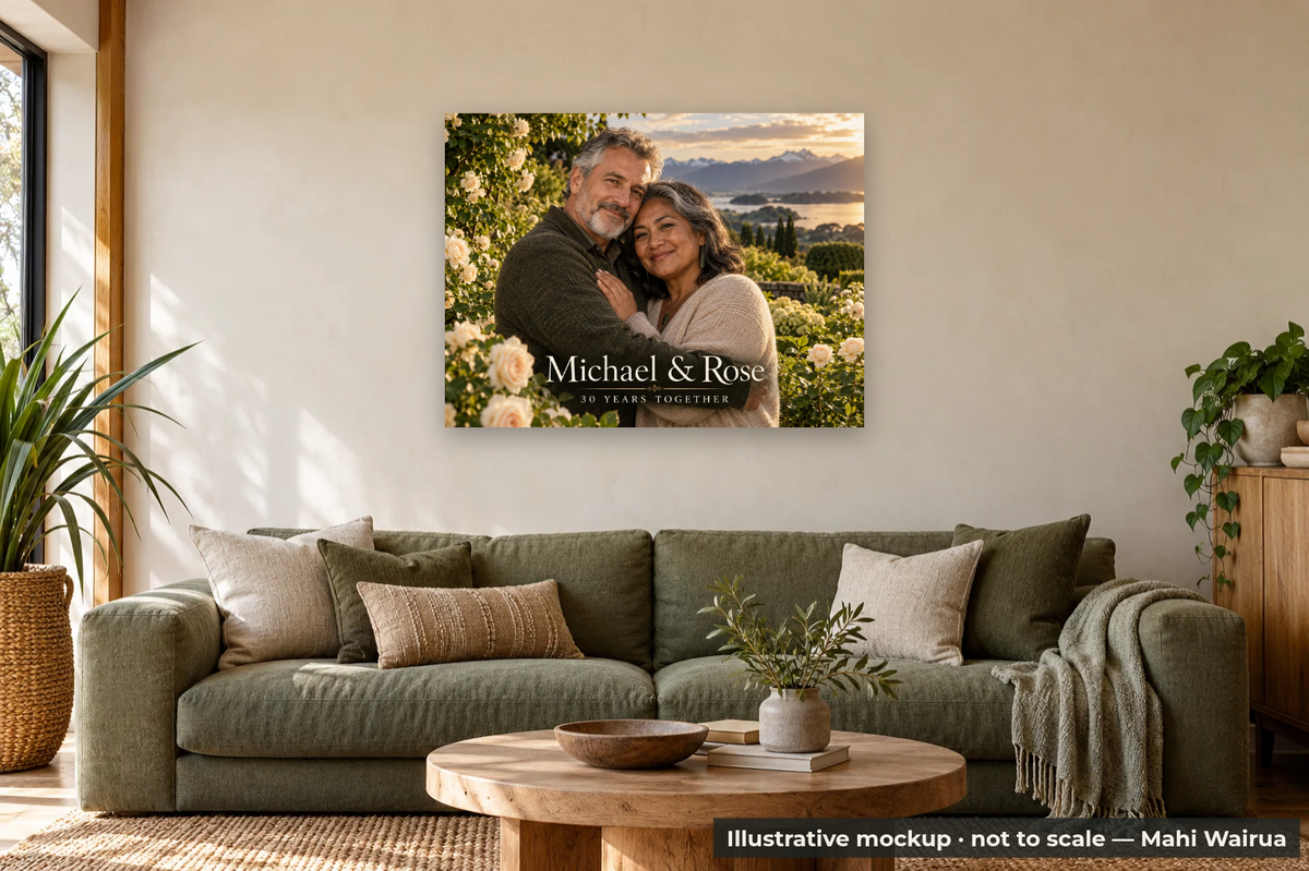 Personalised Anniversary Photo Metal Print — lounge scene, illustrative mockup, not to scale, example personalised artwork