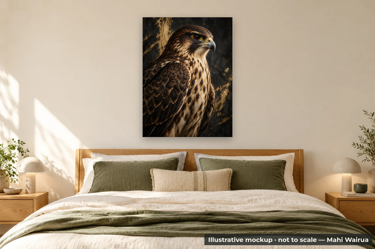 Quiet Strength — Kārearea Metal Print — bedroom scene, illustrative mockup, not to scale