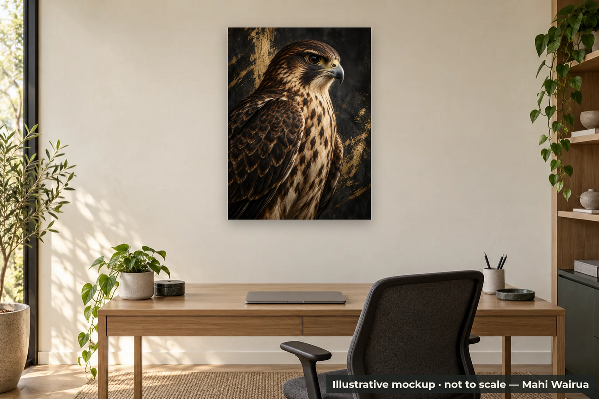 Quiet Strength — Kārearea Metal Print — office scene, illustrative mockup, not to scale