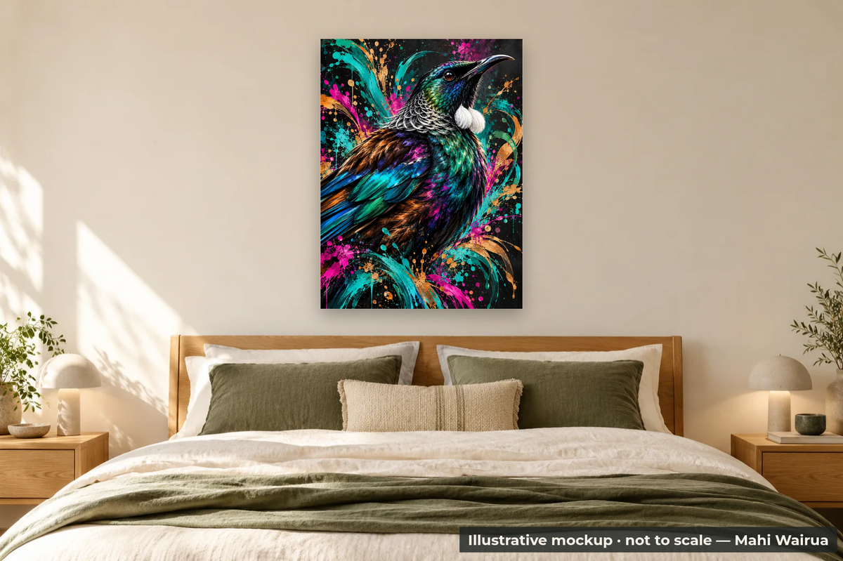 Colour & Wairua — Tūī Metal Print — bedroom scene, illustrative mockup, not to scale