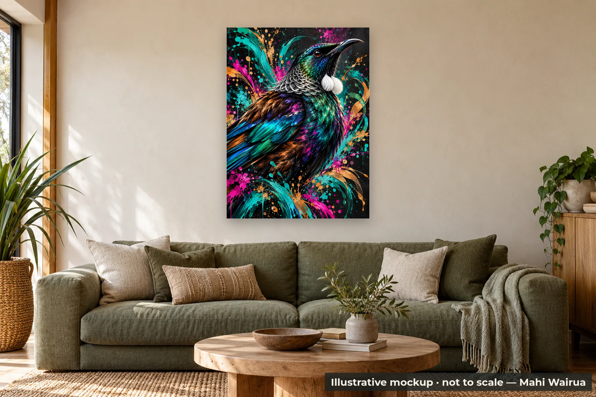 Colour & Wairua — Tūī Metal Print — lounge scene, illustrative mockup, not to scale