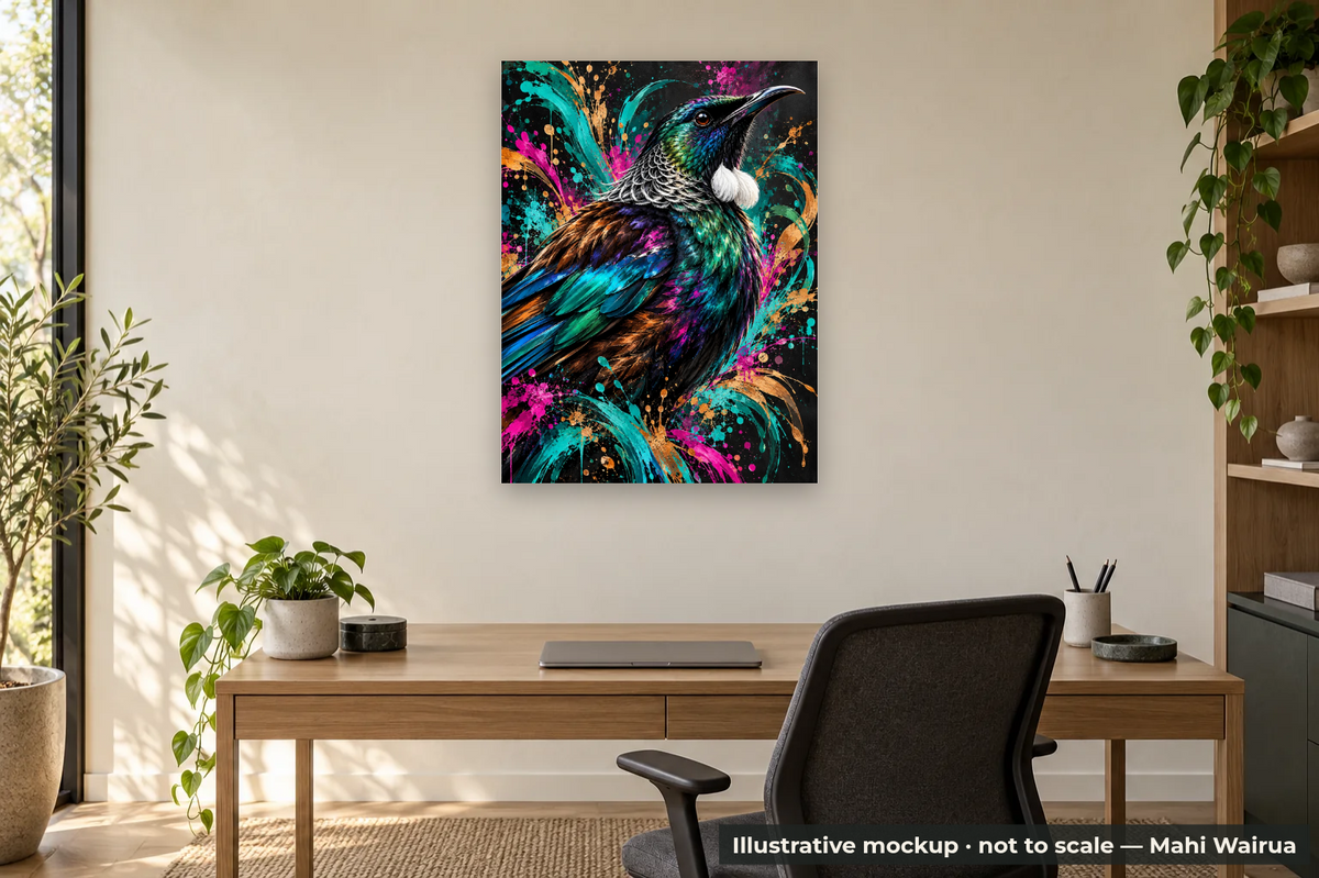 Colour & Wairua — Tūī Metal Print — office scene, illustrative mockup, not to scale