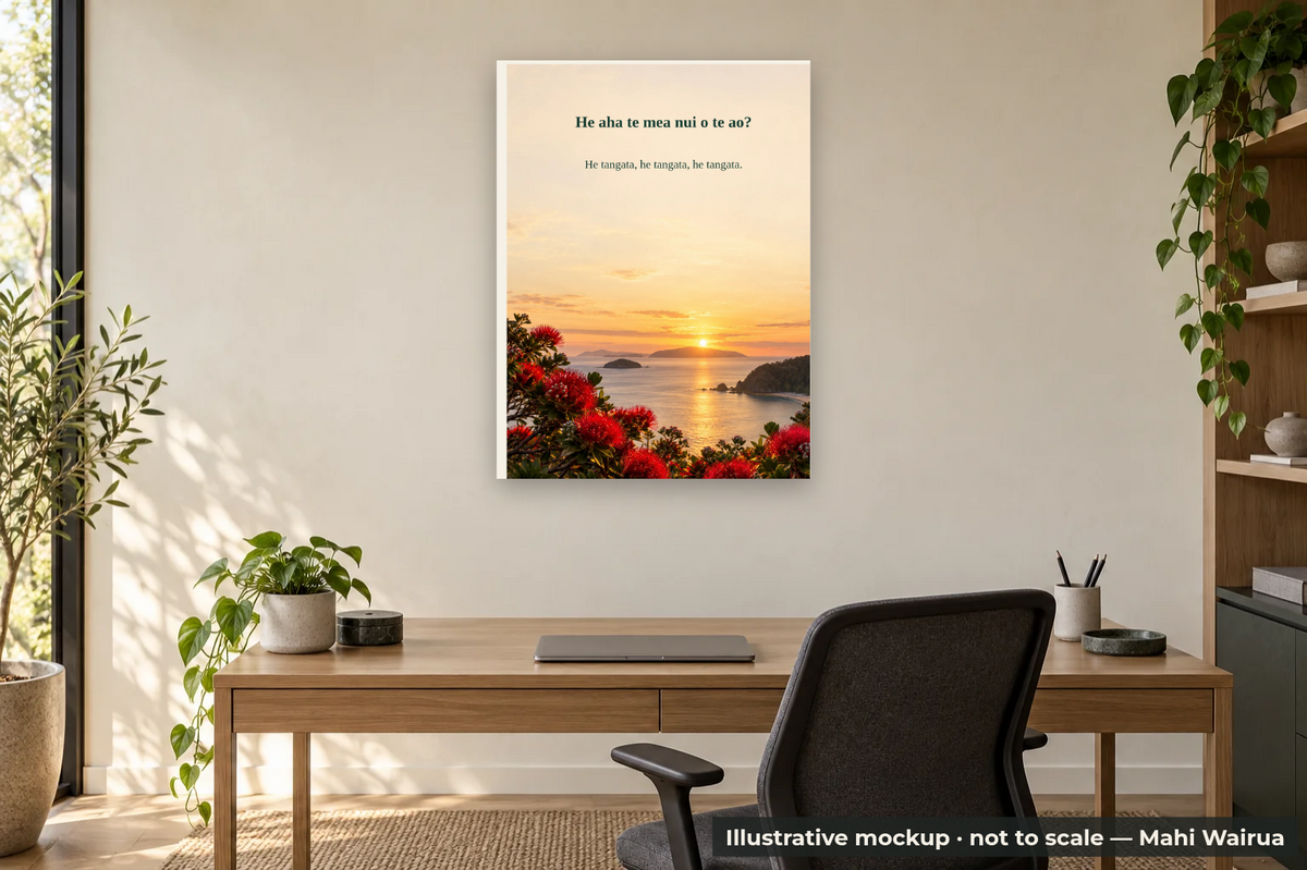 Personalised Whakataukī Metal Print — Six Backgrounds — office scene, illustrative mockup, not to scale, example personalised artwork