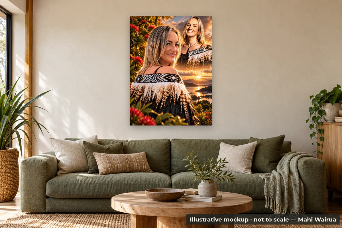 Personalised Portrait & Whānau Metal Print — lounge scene, illustrative mockup, not to scale, example personalised artwork