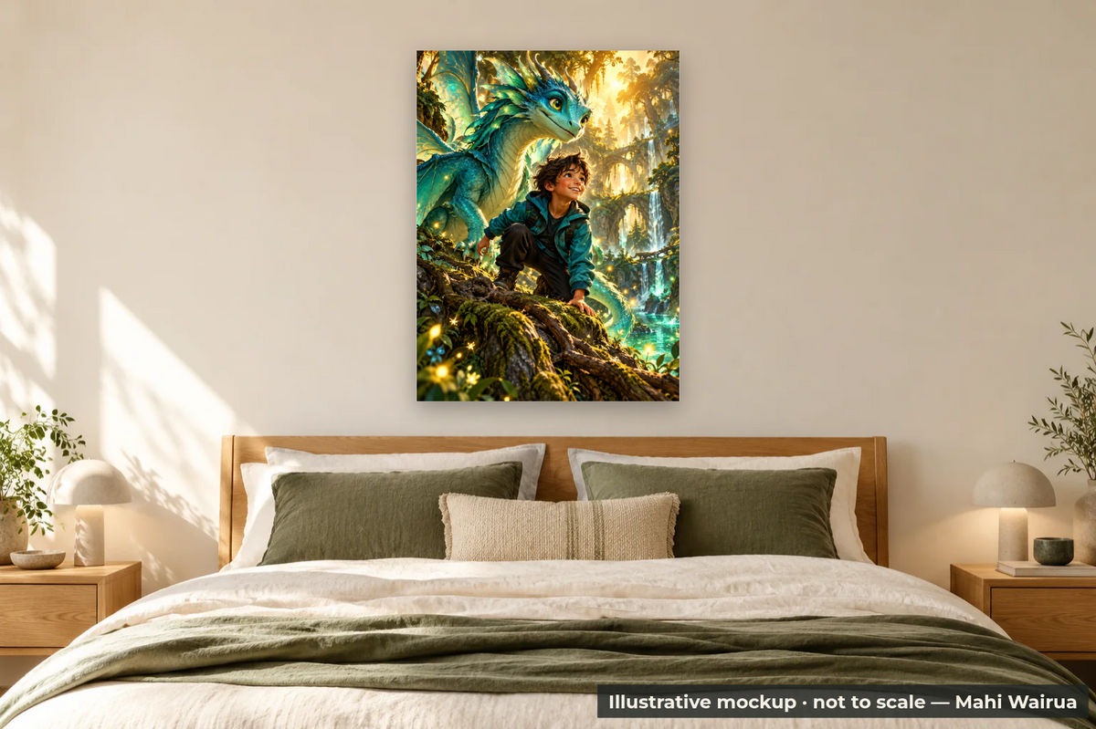 Personalised Kids’ Fantasy Adventure Metal Print — bedroom scene, illustrative mockup, not to scale, example personalised artwork