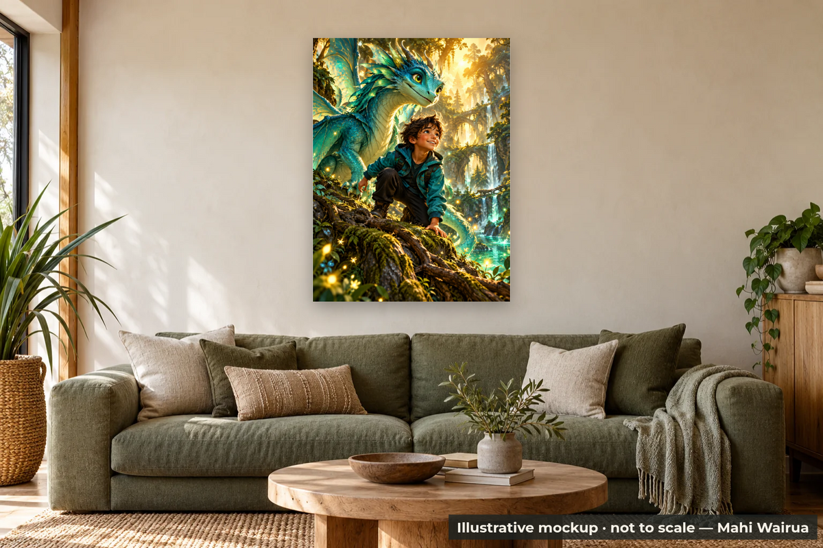 Personalised Kids’ Fantasy Adventure Metal Print — lounge scene, illustrative mockup, not to scale, example personalised artwork