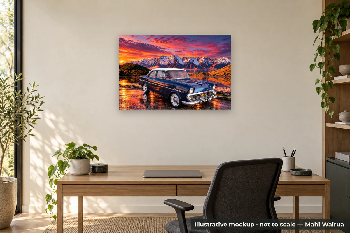 Personalised Vehicle & Passion Metal Print — office scene, illustrative mockup, not to scale, example personalised artwork