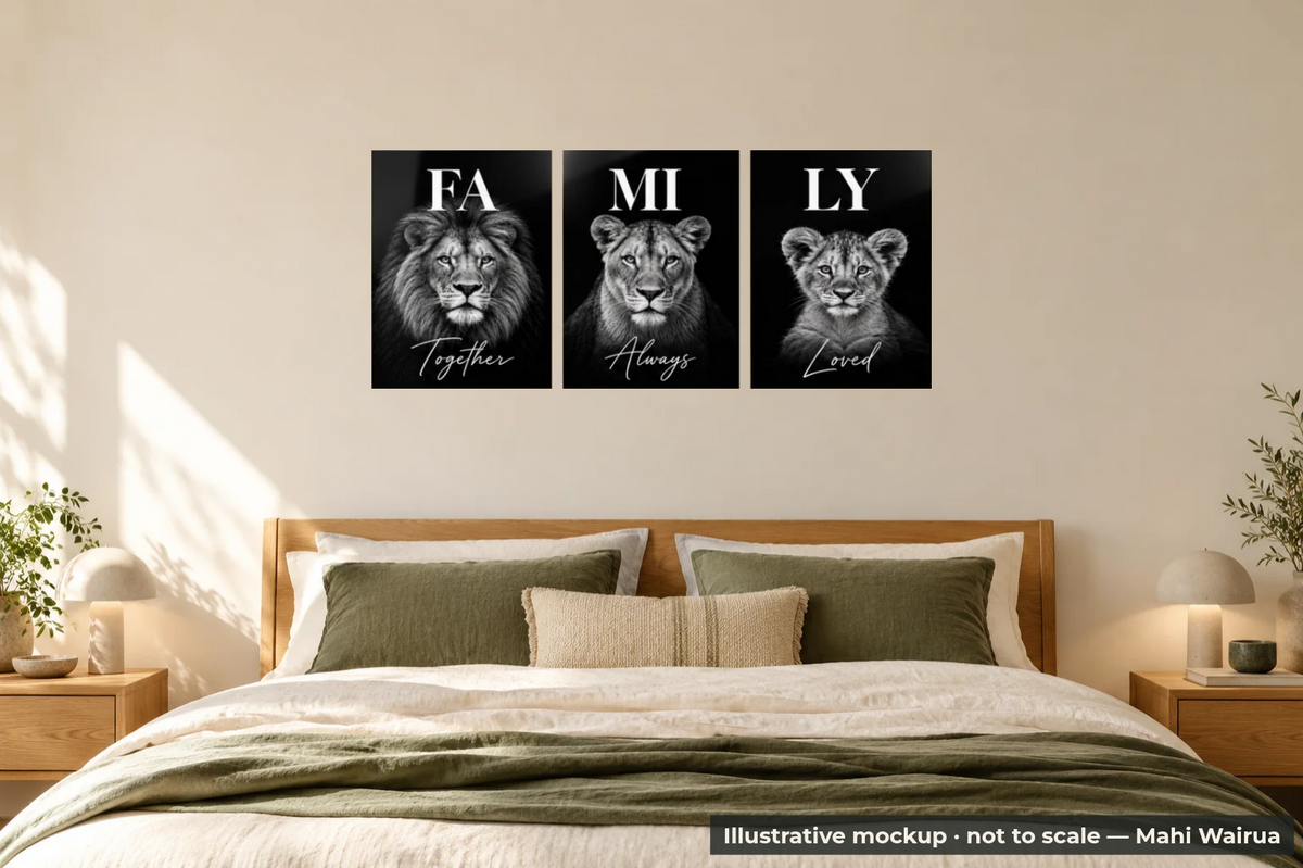 Family Three-Panel Metal Wall Art — bedroom scene, illustrative mockup, not to scale