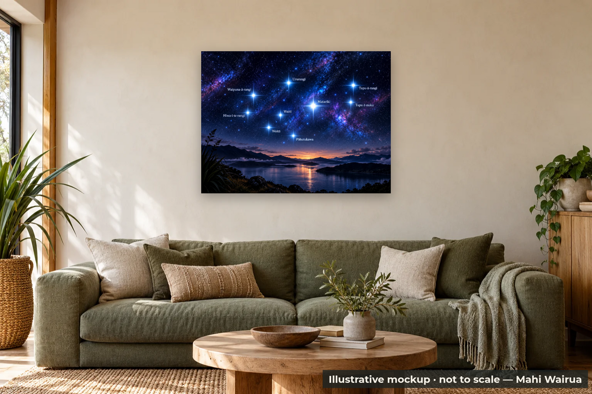 Matariki Night Sky Metal Print — lounge scene, illustrative mockup, not to scale