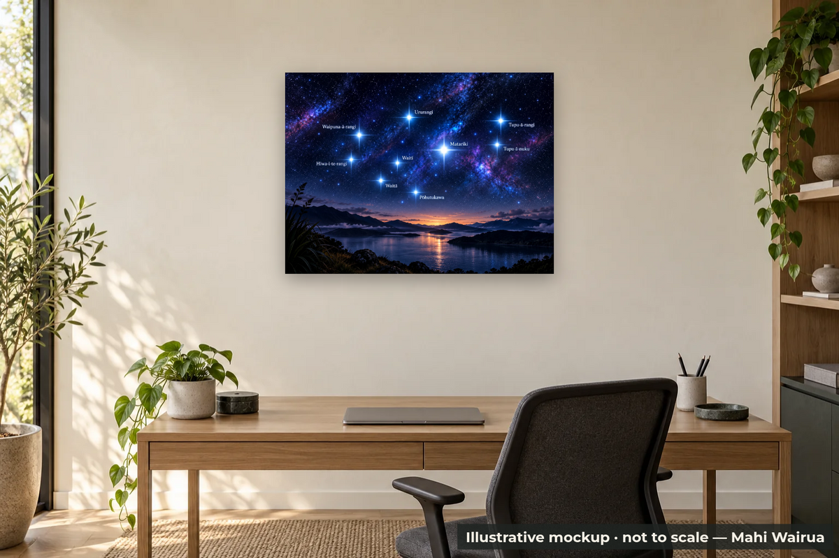 Matariki Night Sky Metal Print — office scene, illustrative mockup, not to scale