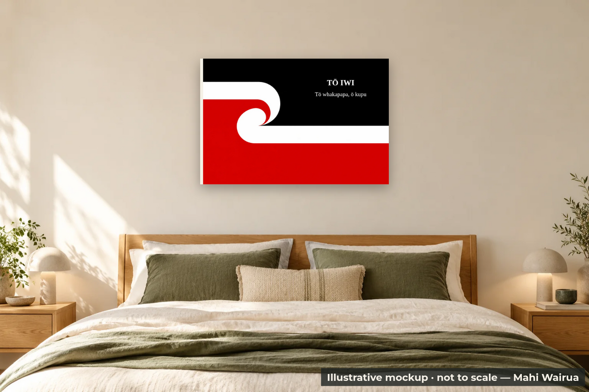 Personalised Tino Rangatiratanga Flag Metal Print — bedroom scene, illustrative mockup, not to scale, example personalised artwork