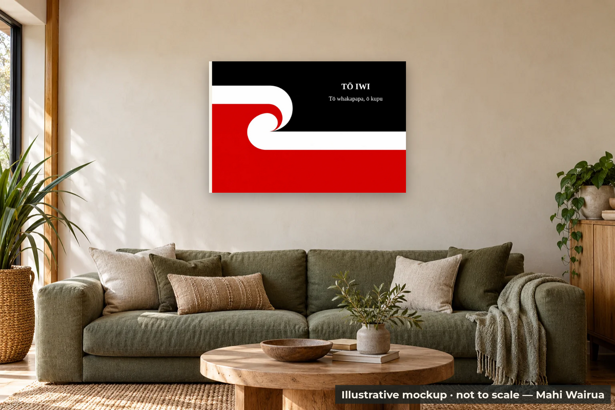 Personalised Tino Rangatiratanga Flag Metal Print — lounge scene, illustrative mockup, not to scale, example personalised artwork