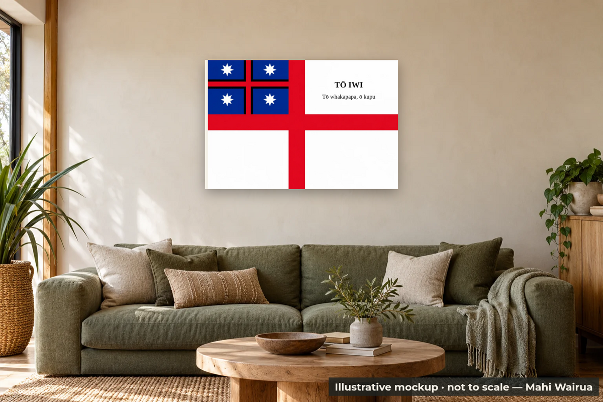 Personalised He Whakaputanga Flag Metal Print — lounge scene, illustrative mockup, not to scale, example personalised artwork