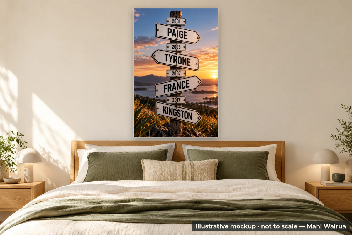 Personalised Whānau Wall Art | Mahi Wairua NZ — bedroom scene, illustrative mockup, not to scale, example personalised artwork