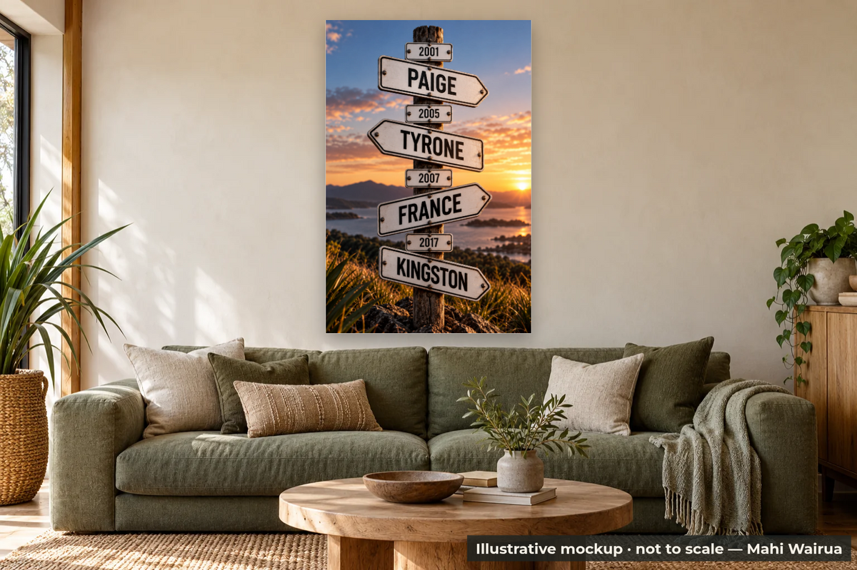 Personalised Whānau Wall Art | Mahi Wairua NZ — lounge scene, illustrative mockup, not to scale, example personalised artwork