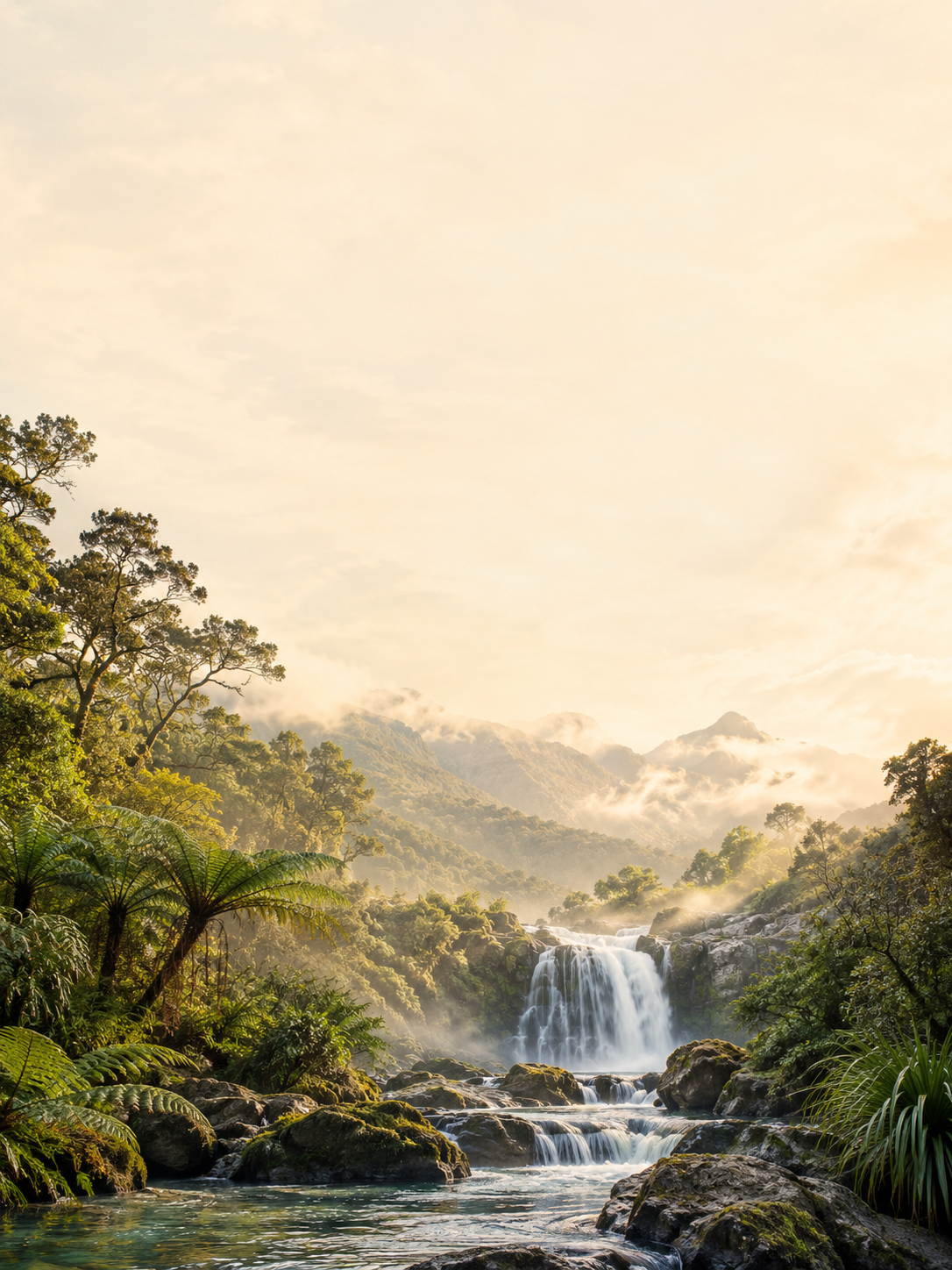 Native forest and waterfall — available custom text background