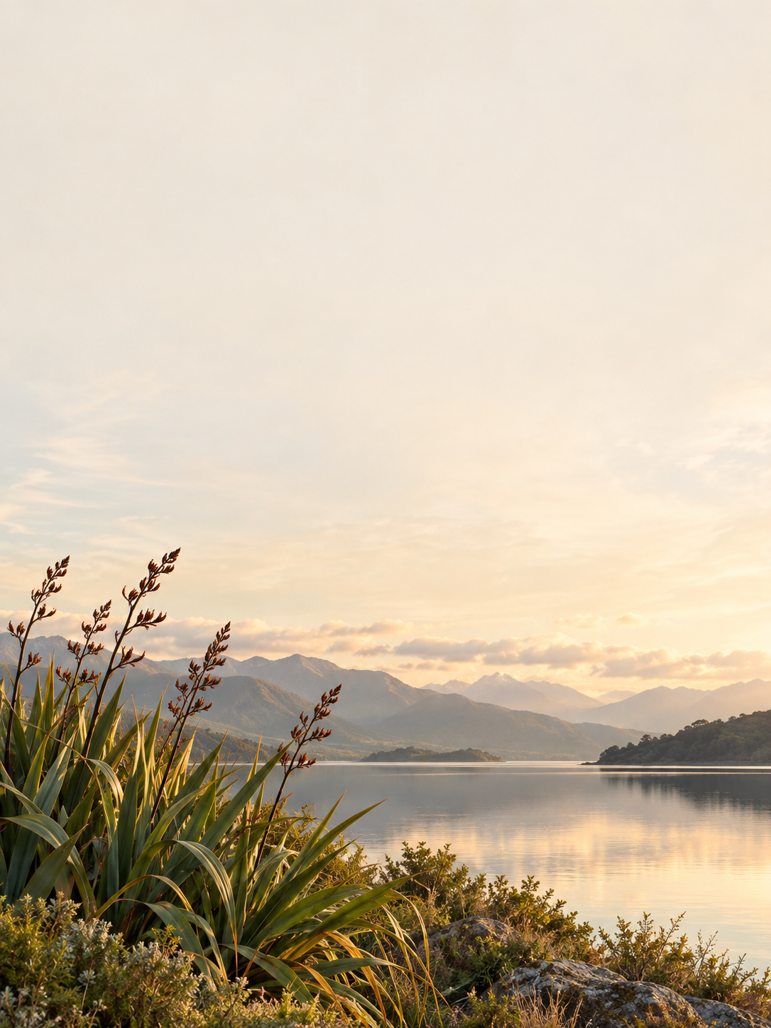 Harakeke beside a peaceful lake — available custom text background