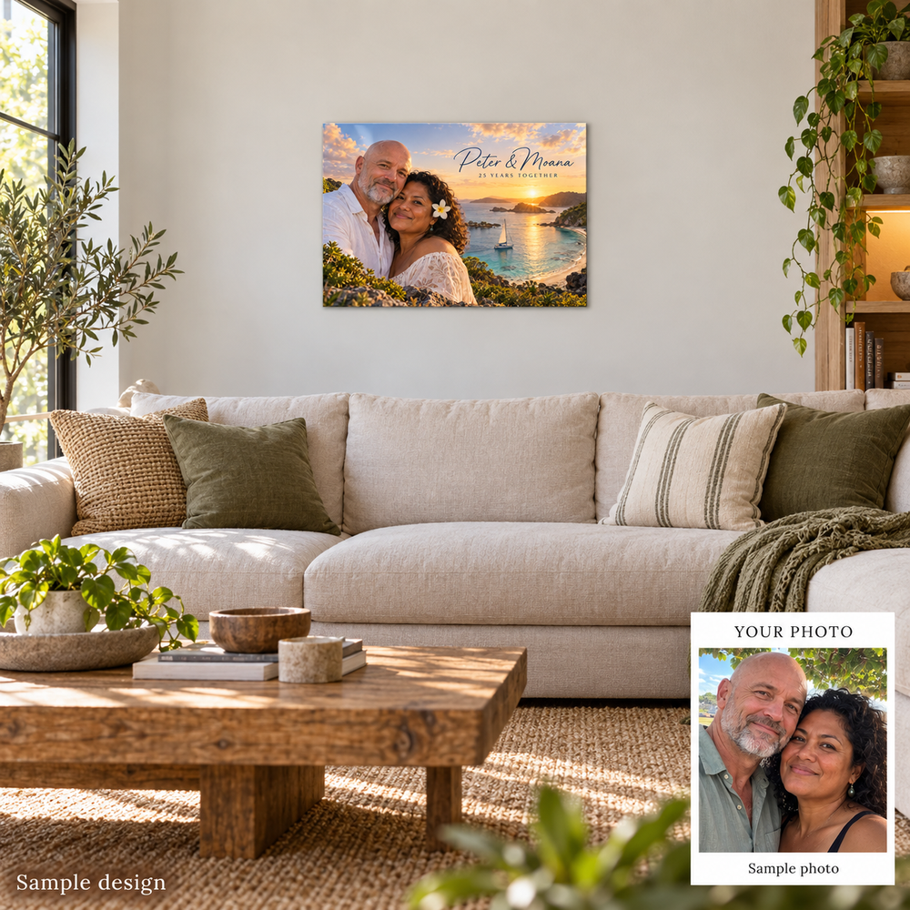 Personalised anniversary metal print home mockup with sample photo comparison – fictional sample design by Mahi Wairua