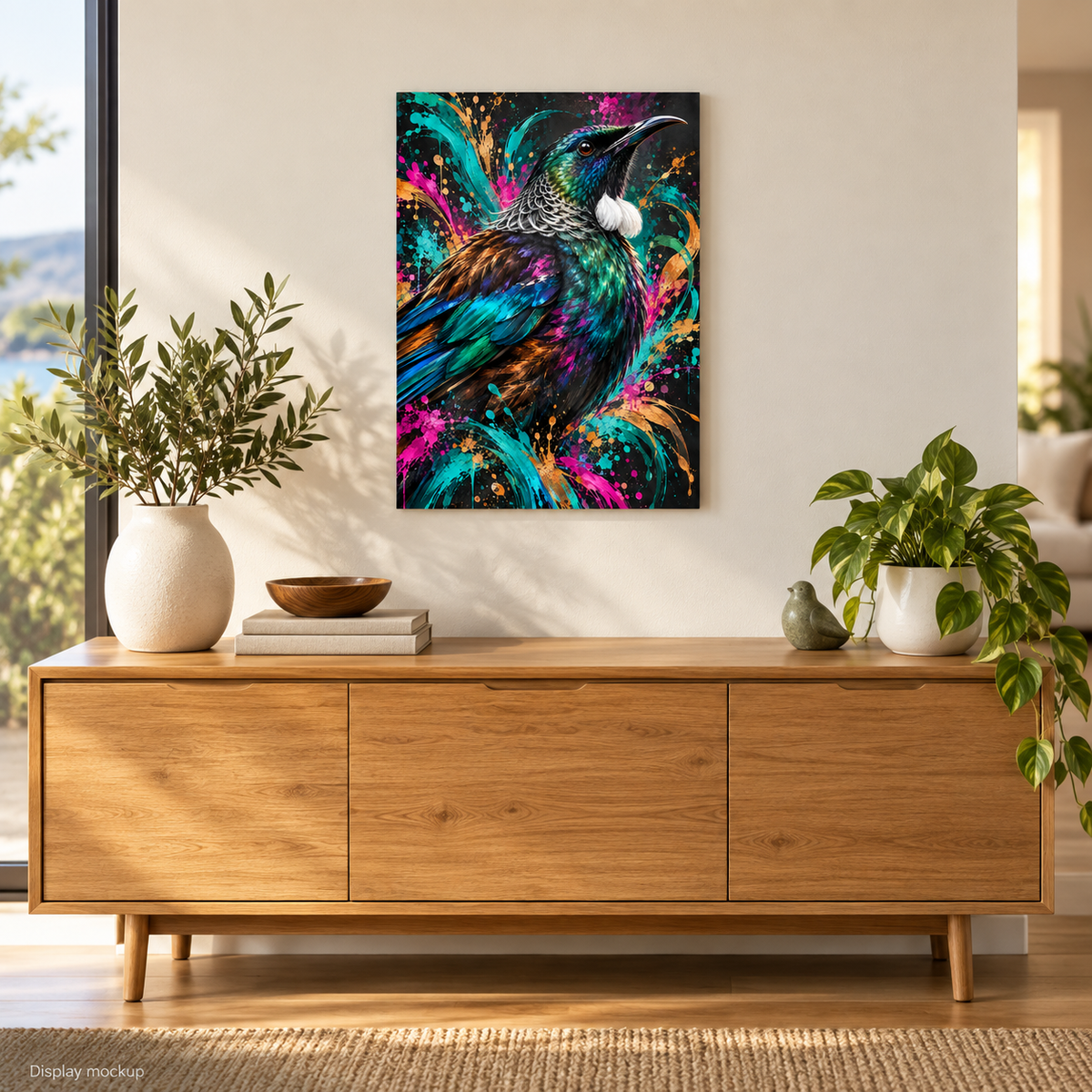 Colour & Wairua — Tūī Metal Print illustrative home display mockup