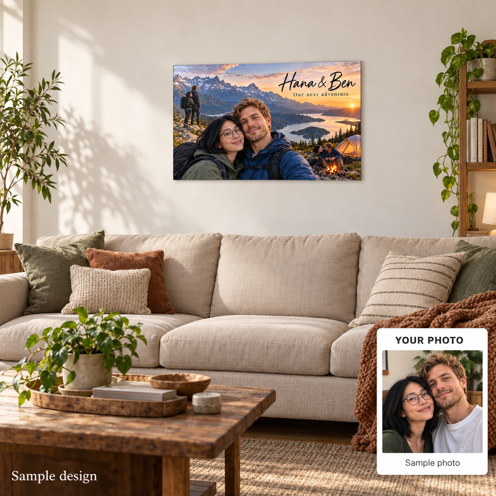 Personalised couple metal print home mockup with sample photo comparison – fictional sample design by Mahi Wairua