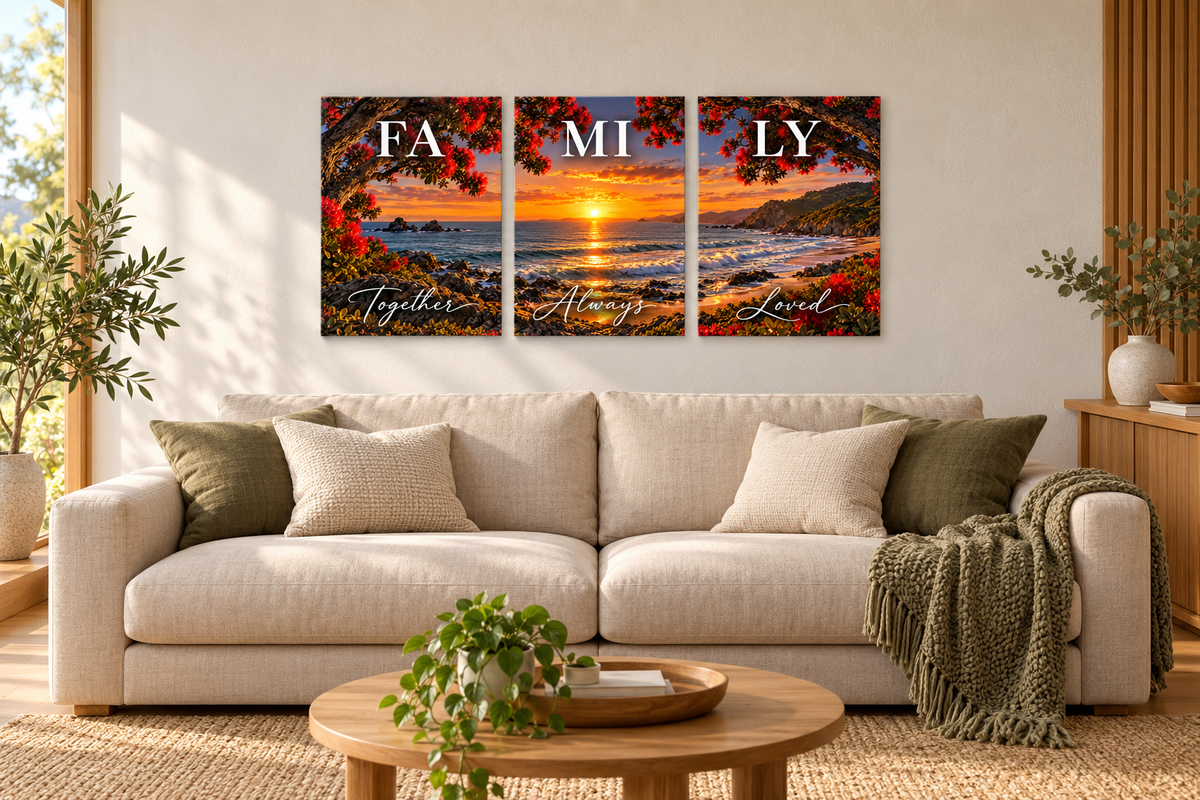 Family coast — three-panel room mockup