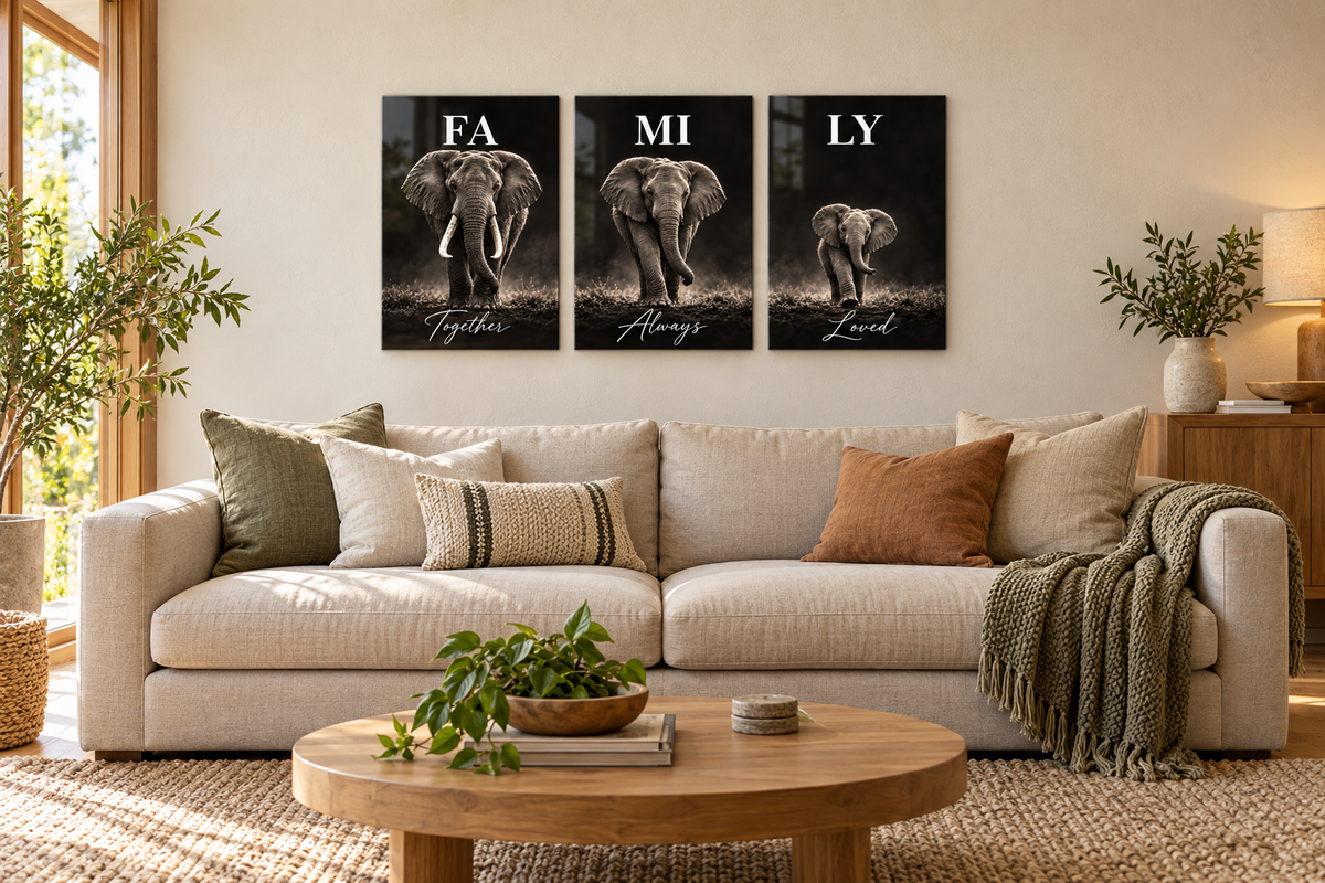 Family elephants — three-panel room mockup
