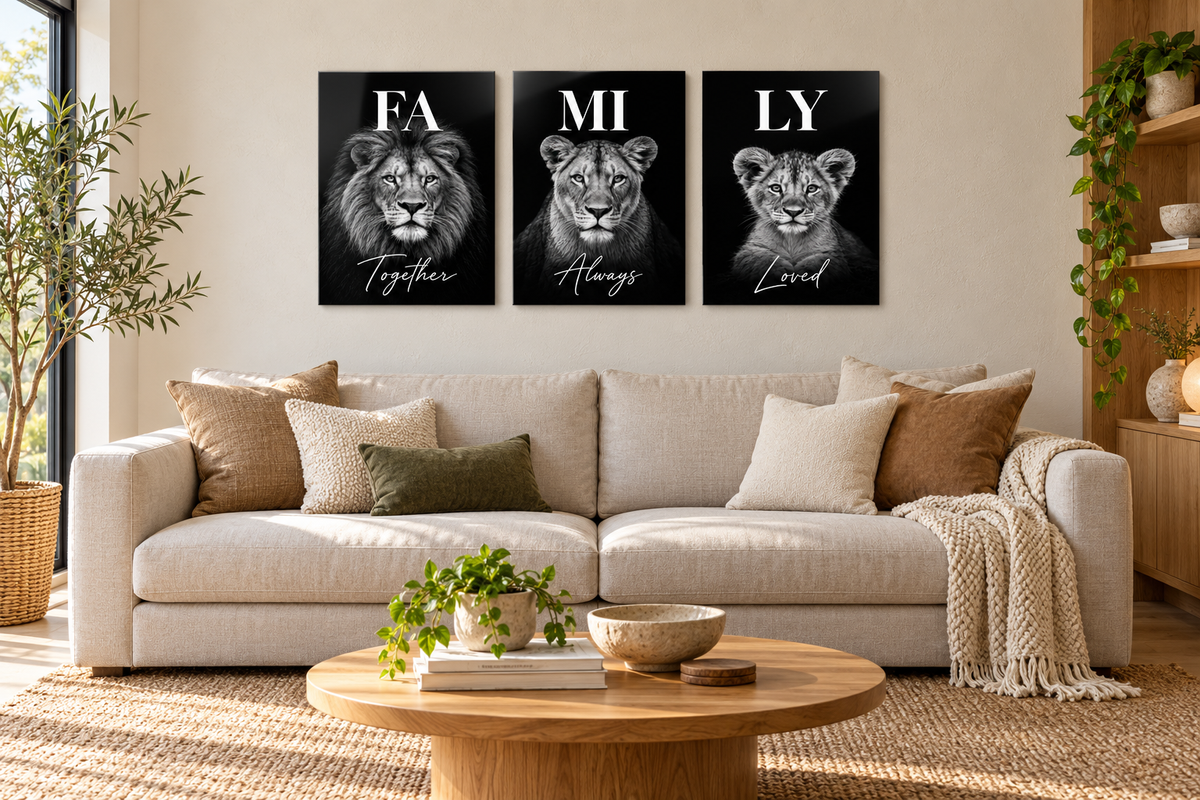 Family lions — three-panel room mockup