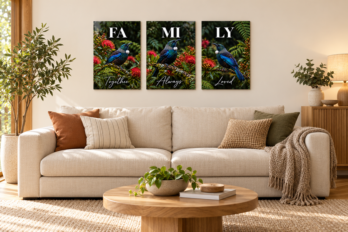 Family tui — three-panel room mockup
