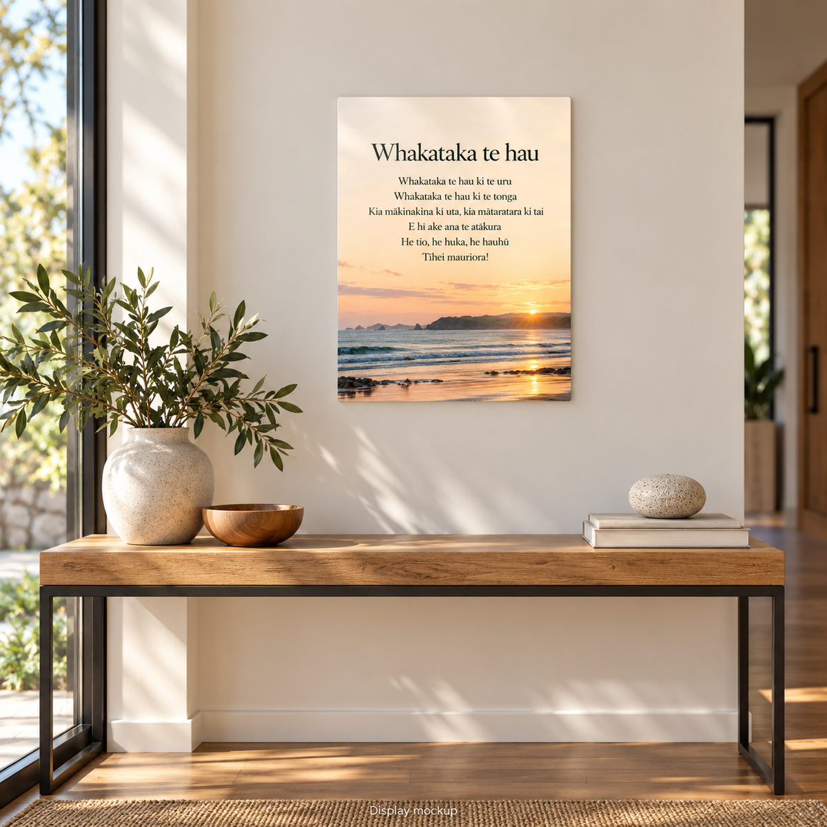 Whakataka te Hau — Karakia Metal Print illustrative home display mockup