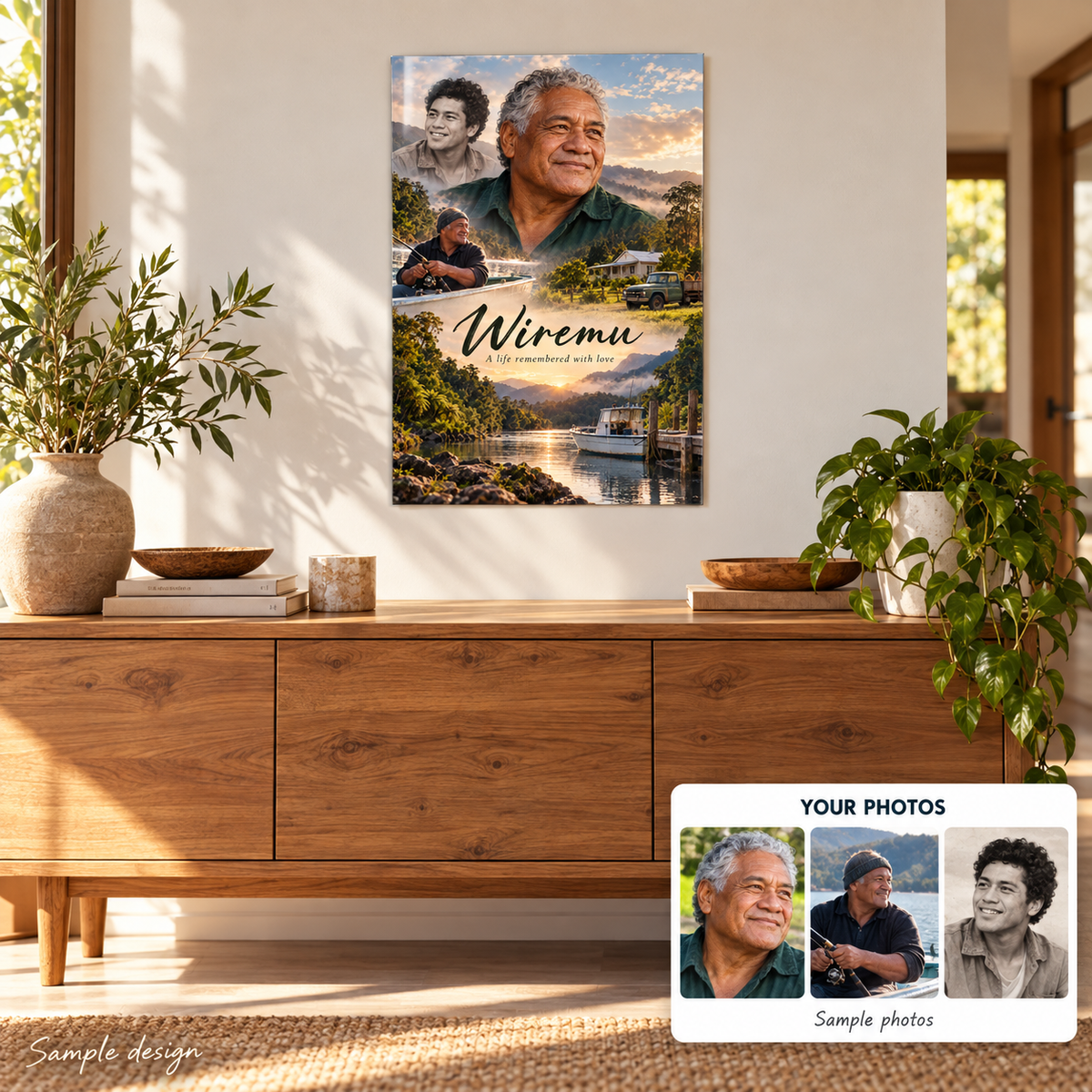 Premium Custom memorial metal print home mockup with sample photo comparison – fictional sample design by Mahi Wairua