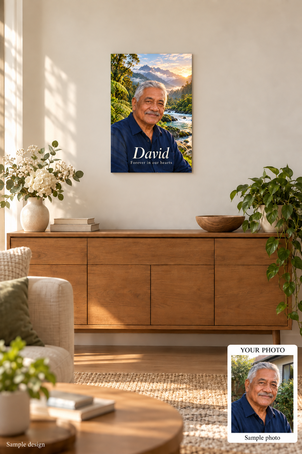 Standard memorial metal print home mockup with sample photo comparison – fictional sample design by Mahi Wairua