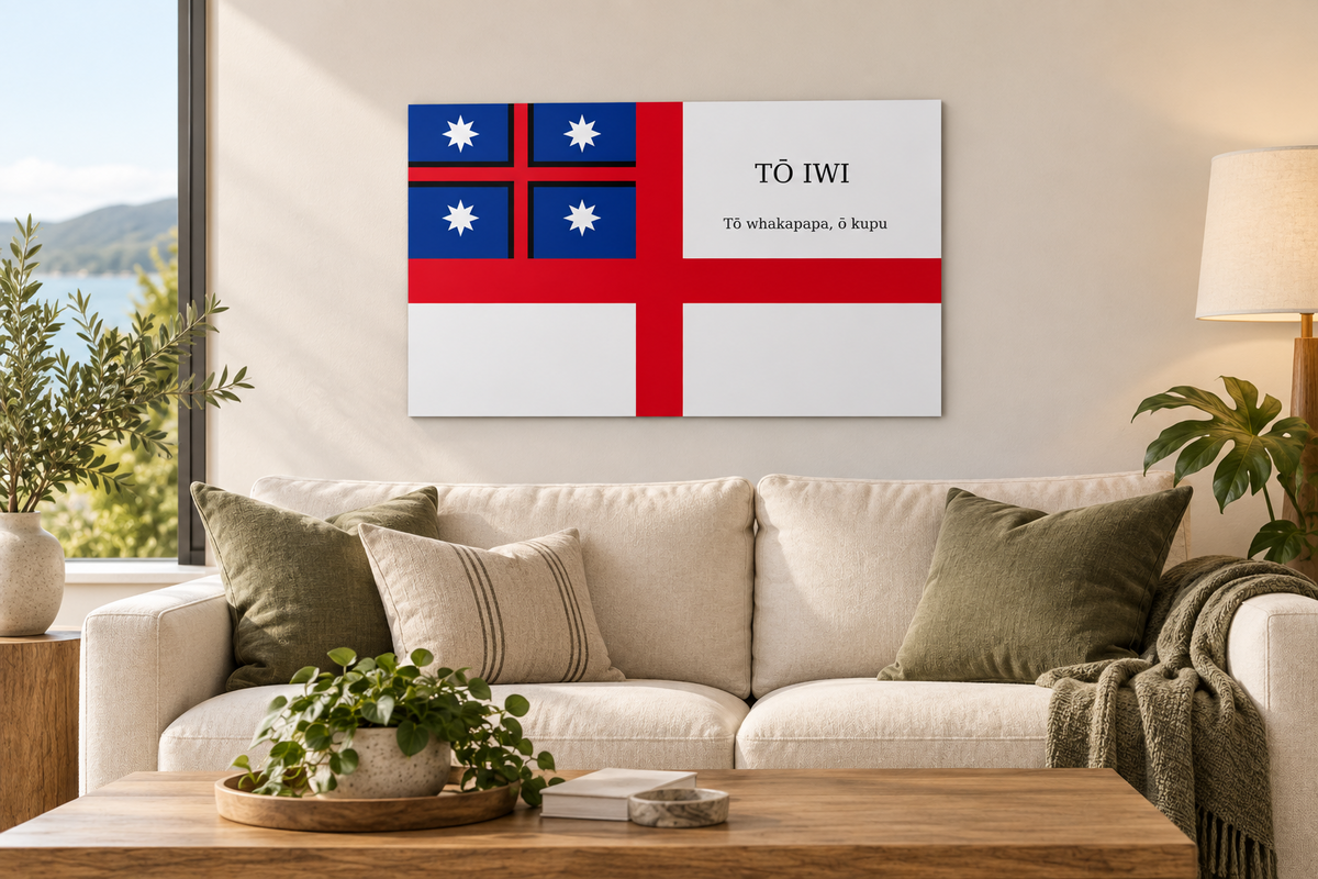 Personalised He Whakaputanga flag metal print — living home mockup