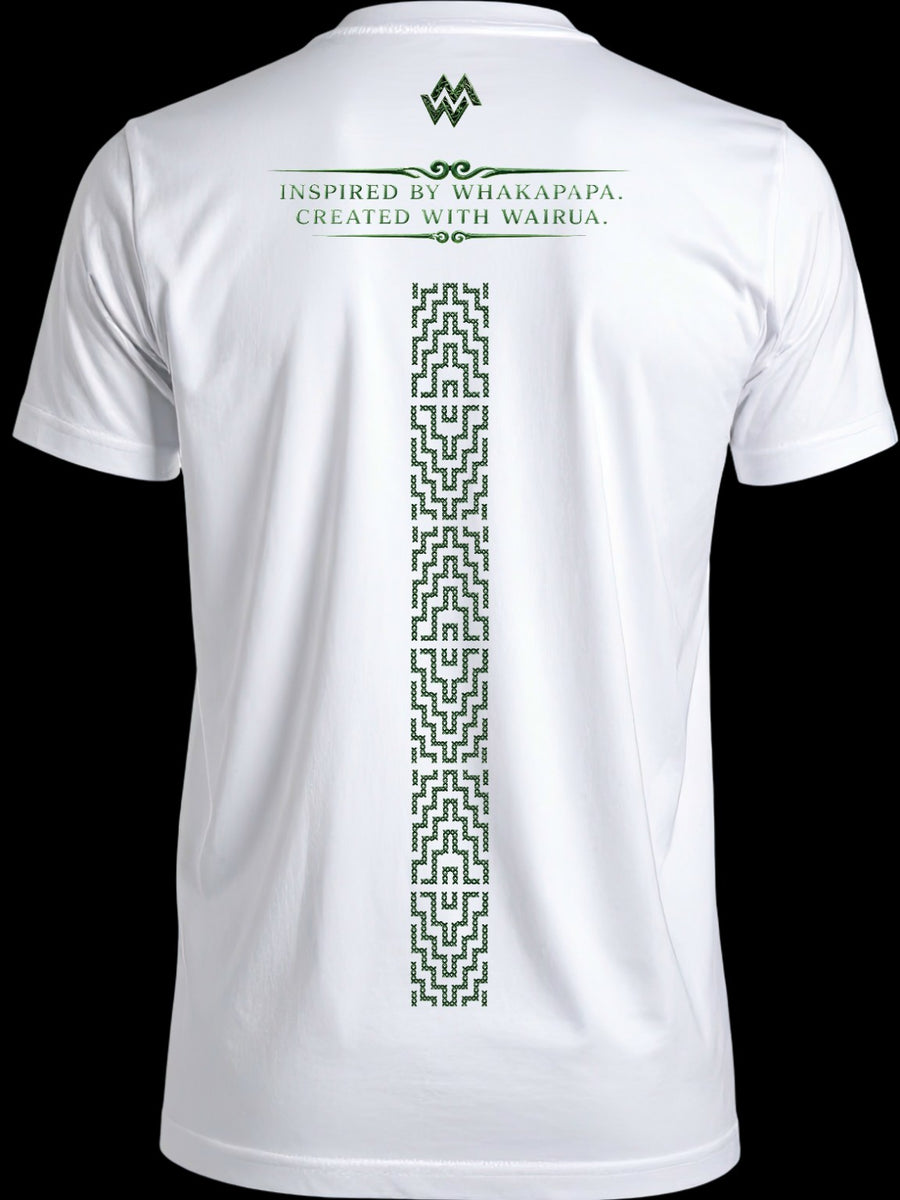 Back of white Mahi Wairua Signature Māori T-shirt with tohu and Inspired by Whakapapa. Created with Wairua. design