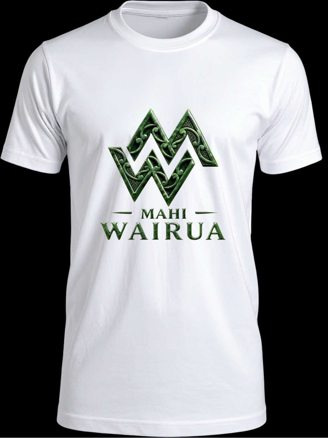 Front of white Mahi Wairua Signature Māori T-shirt with greenstone-inspired logo, available in adult and kids sizes