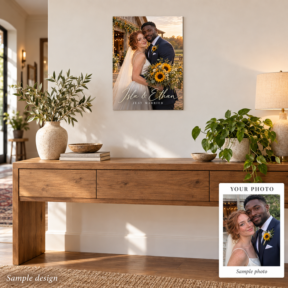 Personalised wedding metal print home mockup with sample photo comparison – fictional sample design by Mahi Wairua