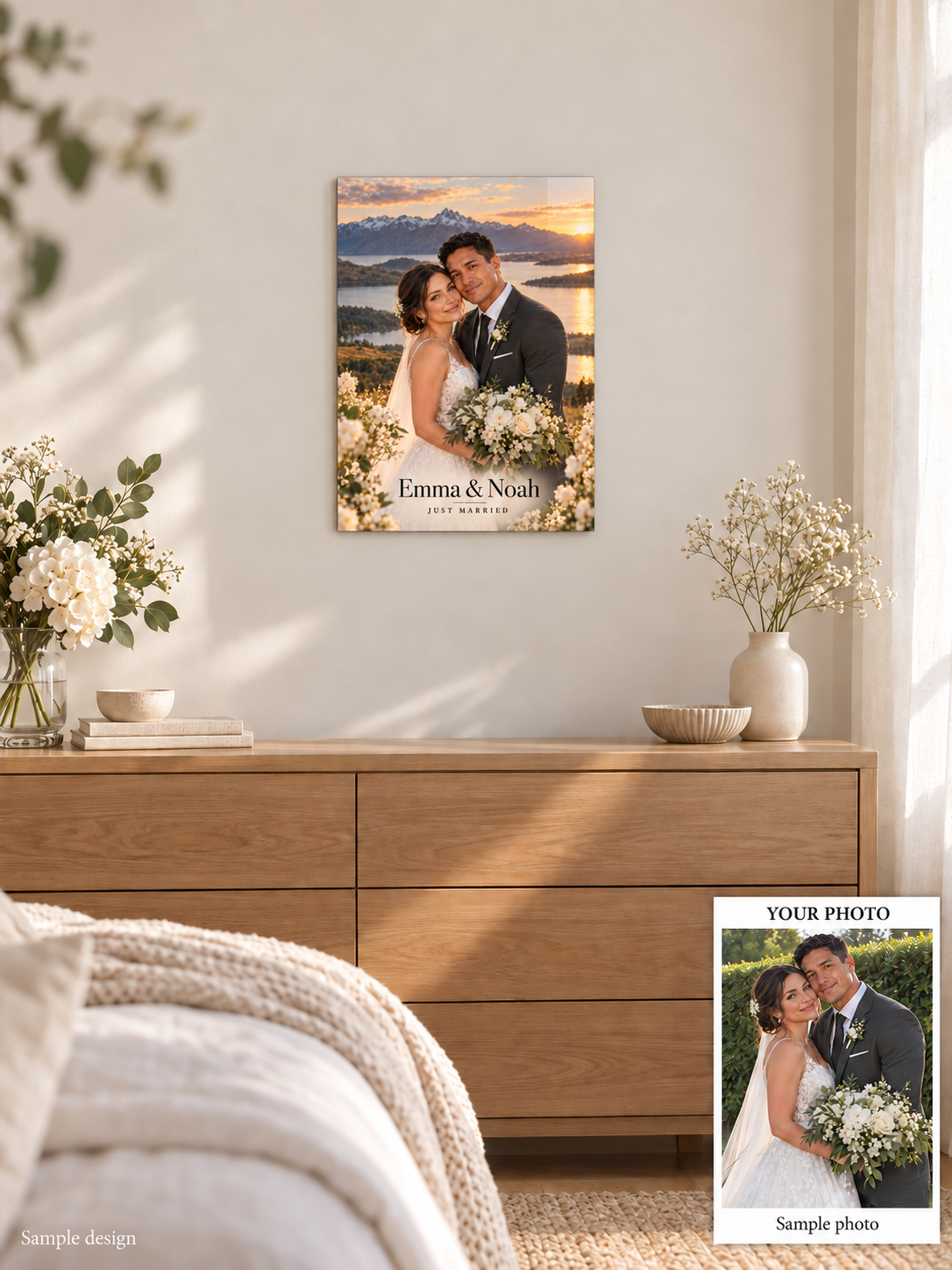 Standard wedding metal print home mockup with sample photo comparison – fictional sample design by Mahi Wairua