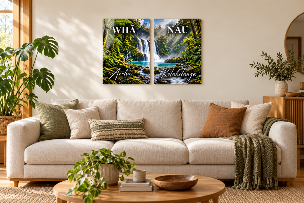Whānau forest — two-panel room mockup