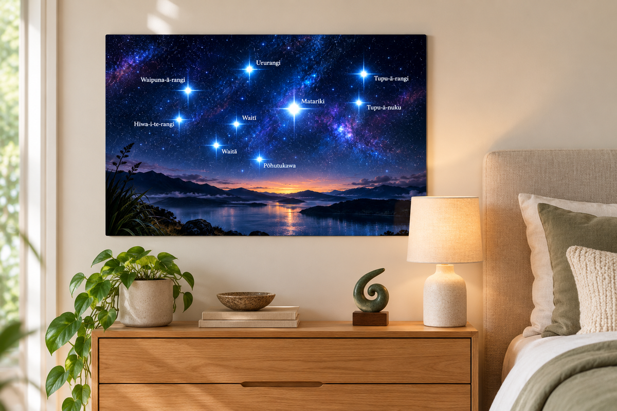 Matariki Night Sky metal print in a neutral bedroom — styled mockup
