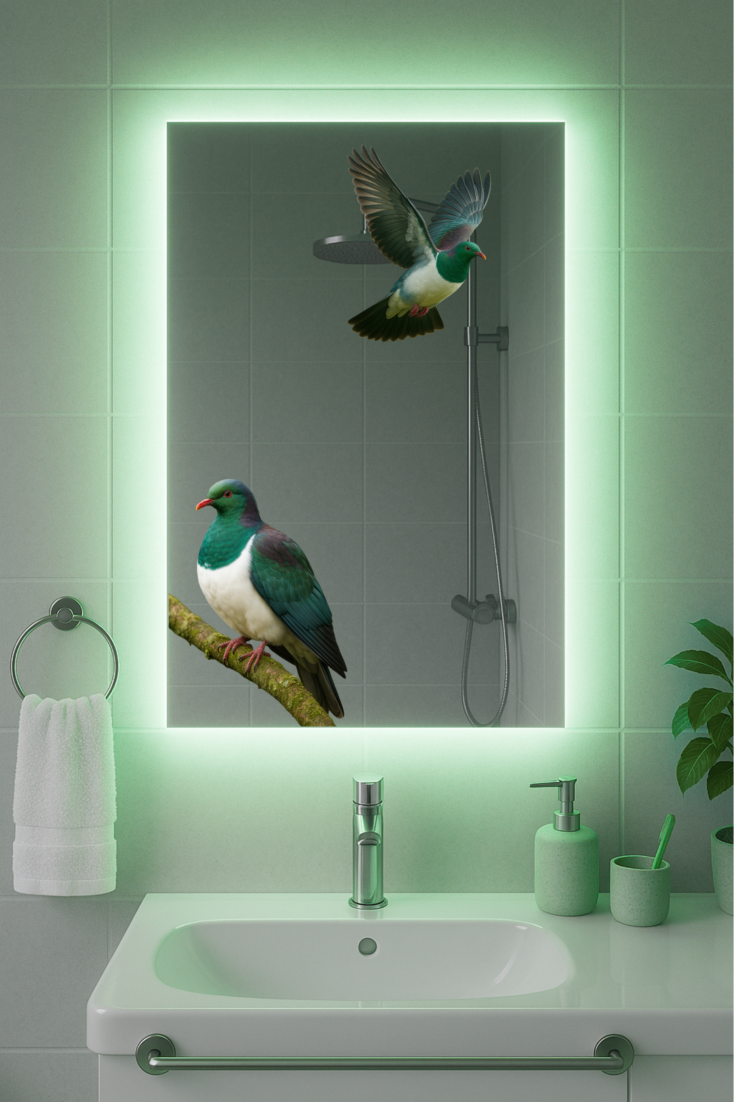 Kererū Mirror – Native NZ Bird Art with Optional LED Backlight(MADE TO ORDER)