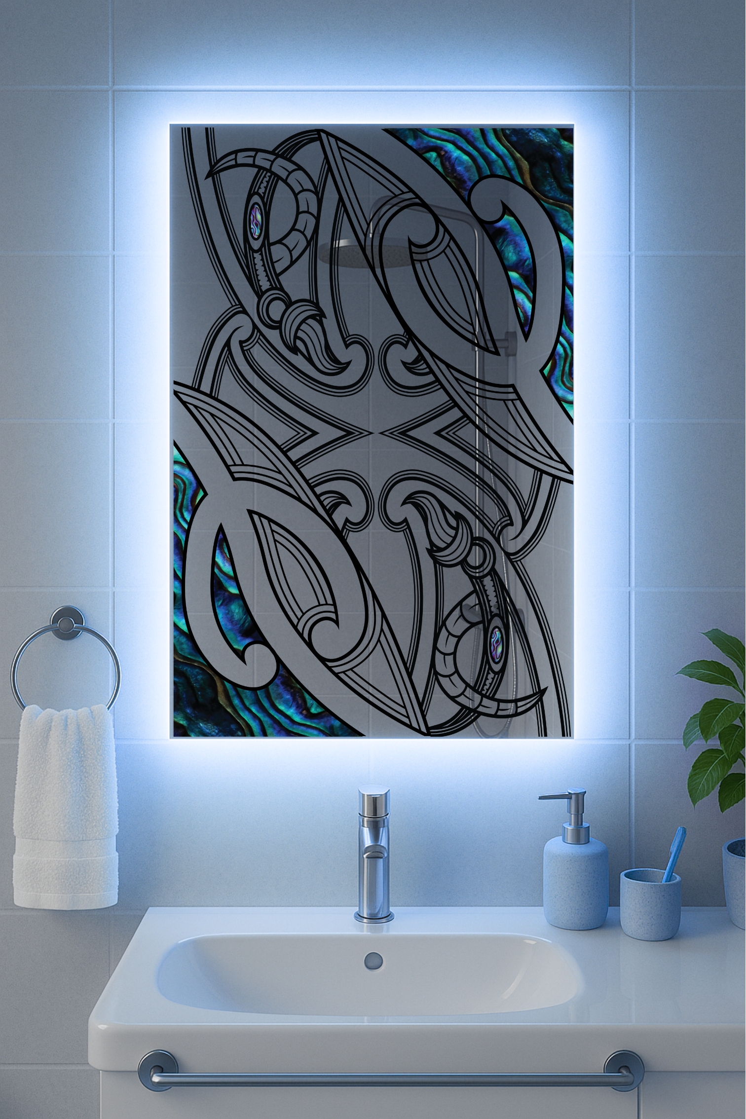 "Te Whakaruruhau Mirror – Māori-Inspired Design with LED Backlight Option"(MADE TO ORDER)