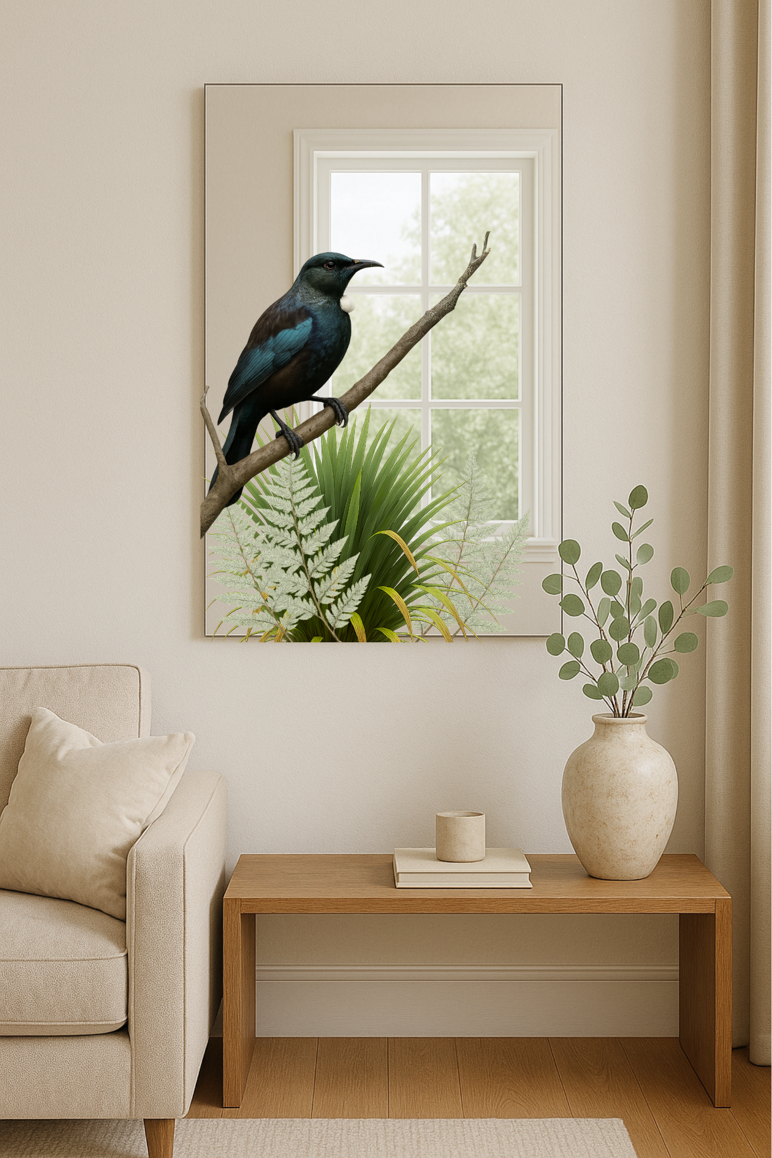 Tūī Mirror – Native NZ Bird with Optional Warm LED Backlight(MADE TO ORDER)