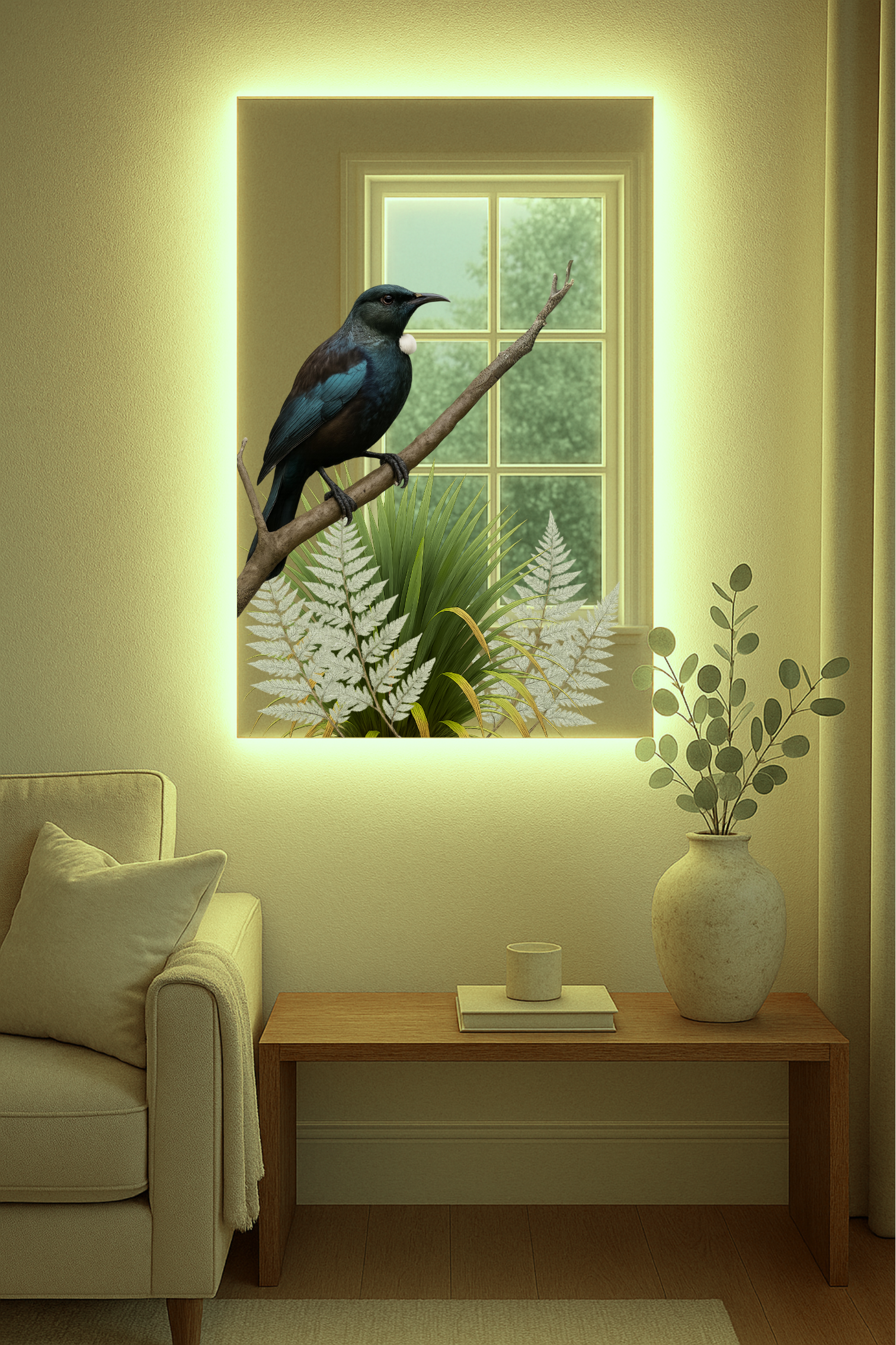 Tūī Mirror – Native NZ Bird with Optional Warm LED Backlight(MADE TO ORDER)
