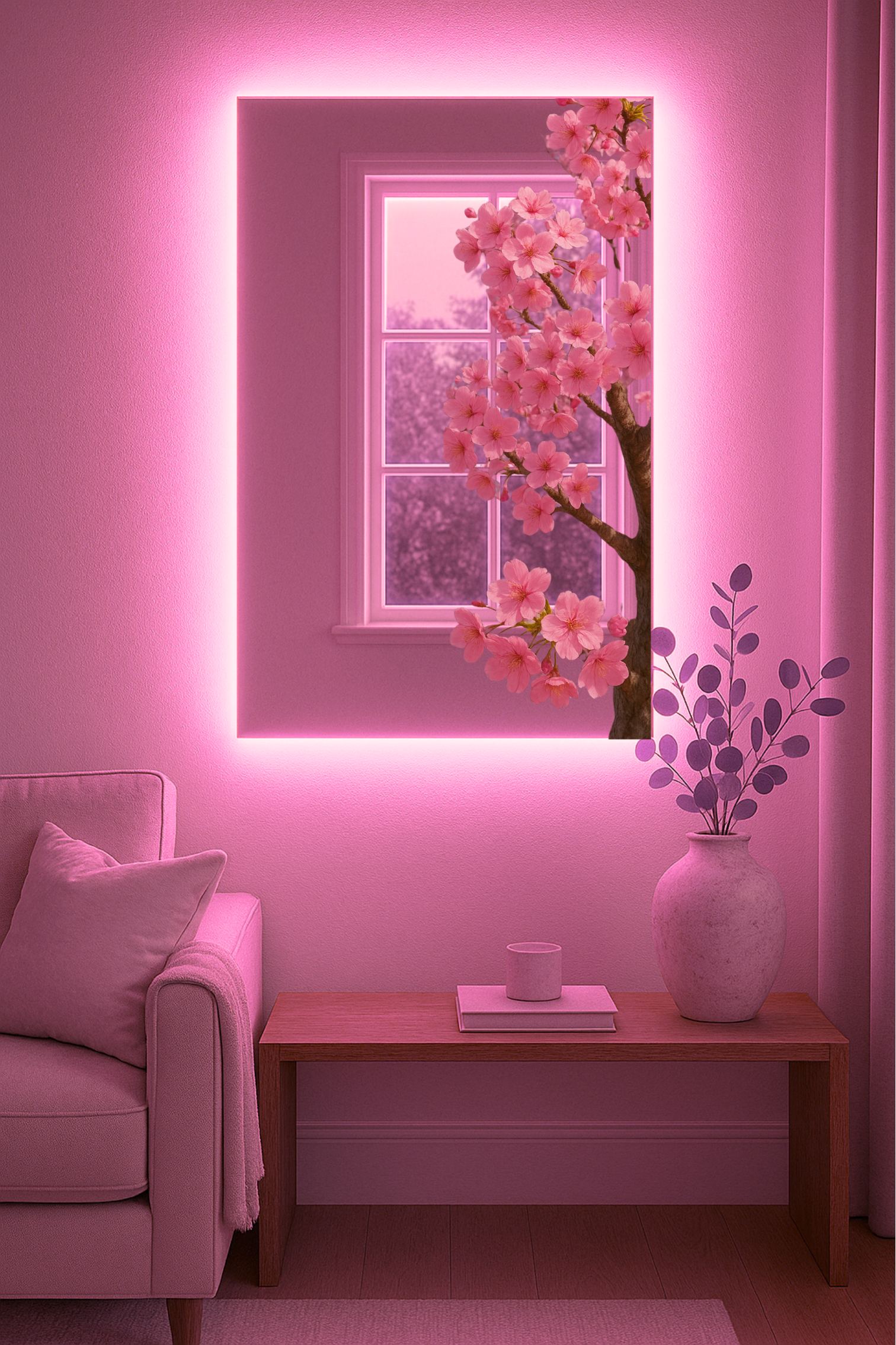 Cherry Blossom Mirror – Elegant Floral Art with Optional Pink LED Backlight(MADE TO ORDER)