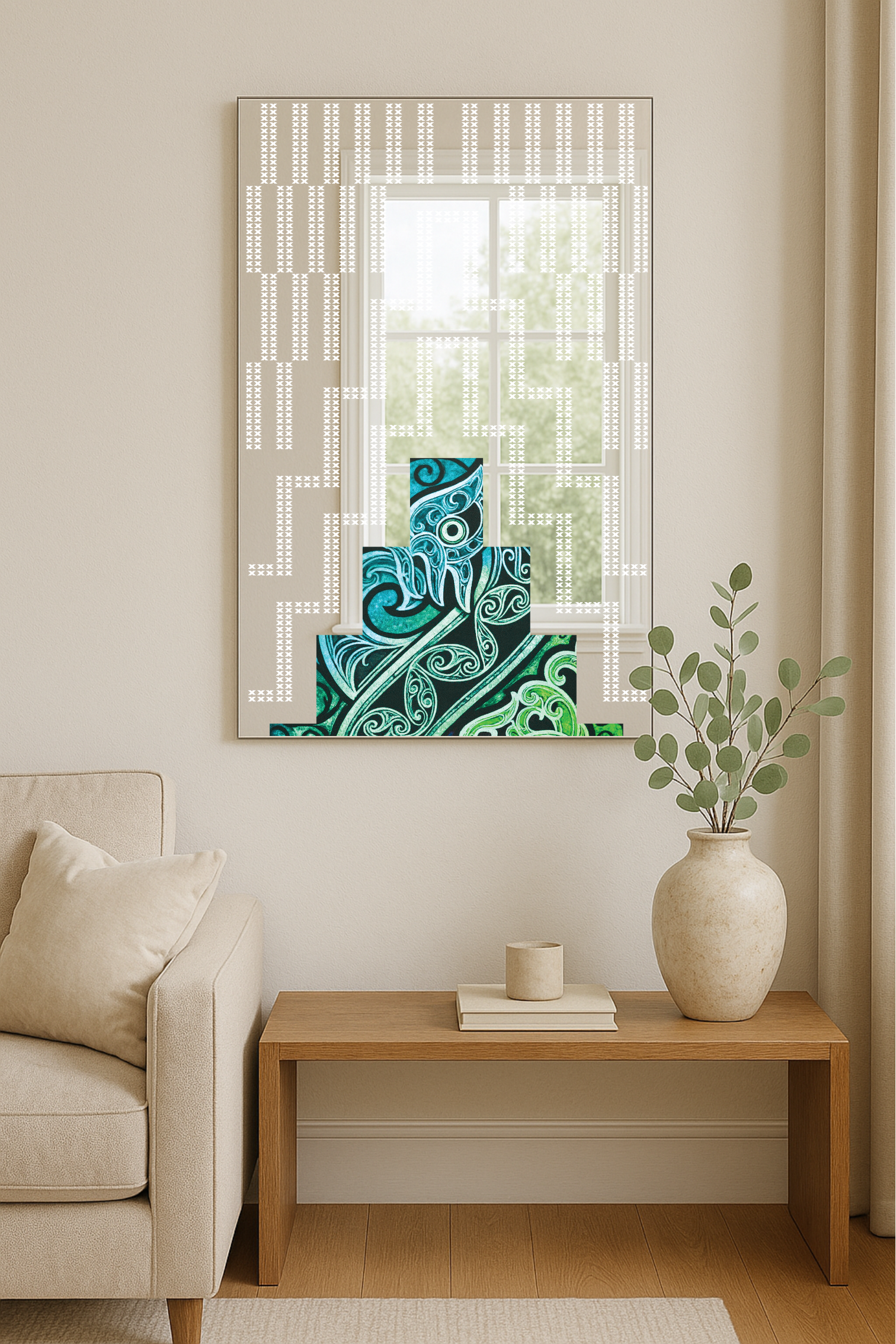 Poutama x Manaia Mirror – Modern Māori Wall Art | UV Printed Reflective Design by Mahi Wairua (MADE TO ORDER)