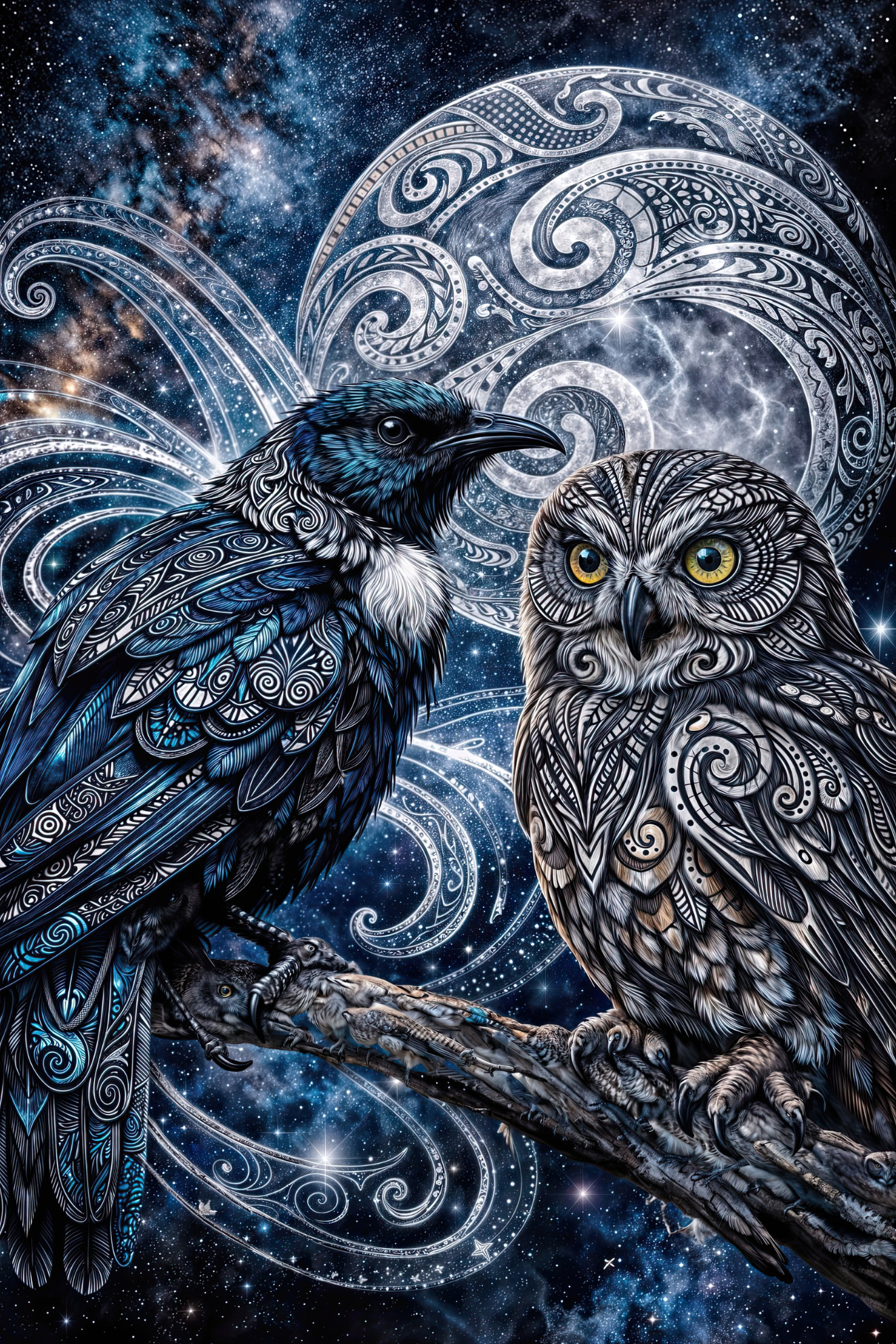 Tūī and Owl Celestial Guardians – Double Exposure Nature CANVAS Print | Callum x CRE-eight